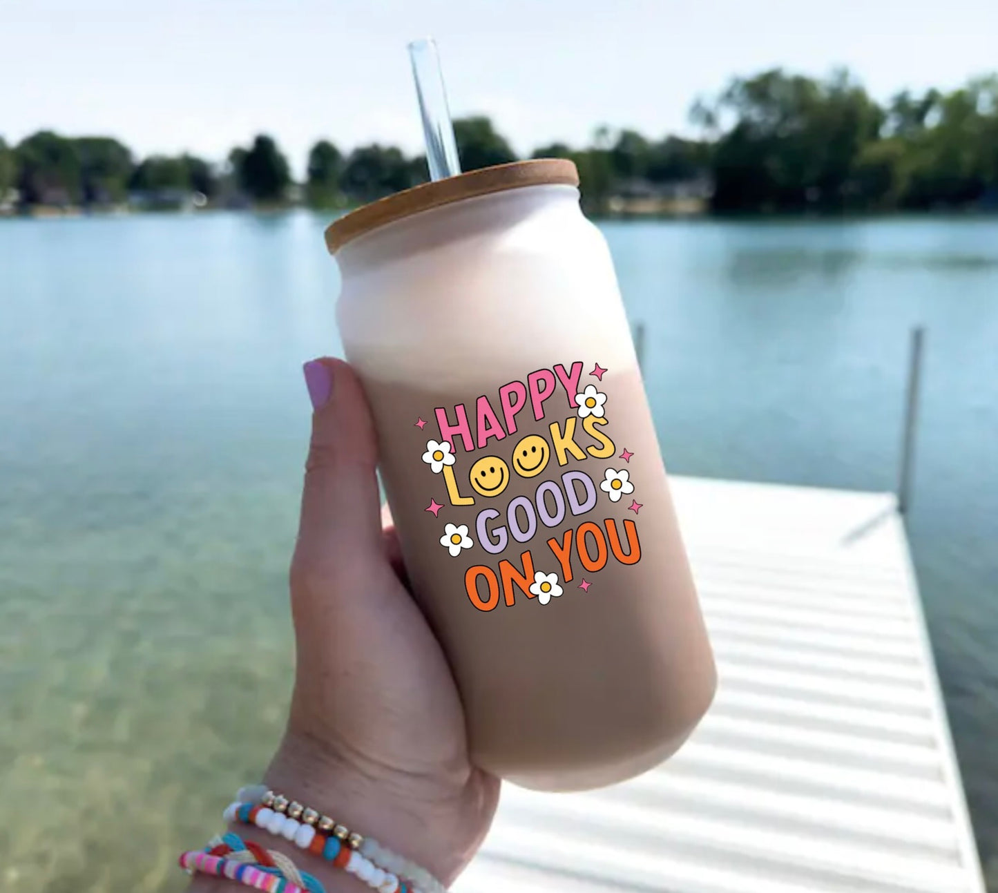 Happy Looks Good on You Frosted Glass Cup