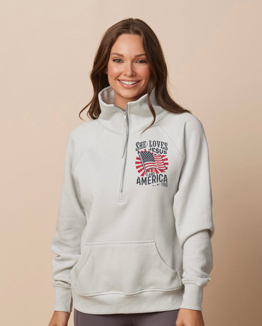 She Loves Jesus and America Too Ladies Boxy Half Zip Fleece