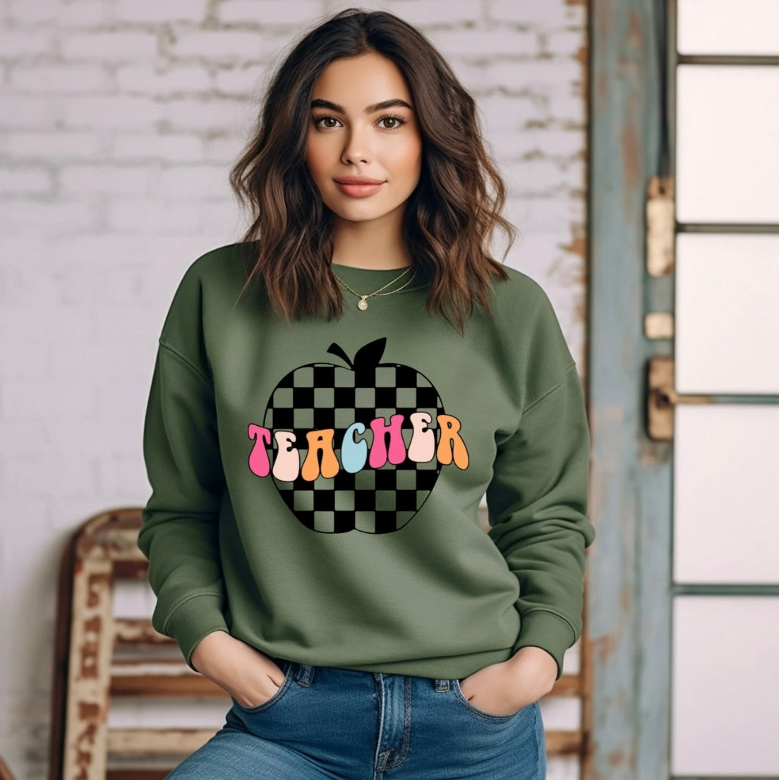 Retro Apple & Teacher Crewneck Sweatshirt