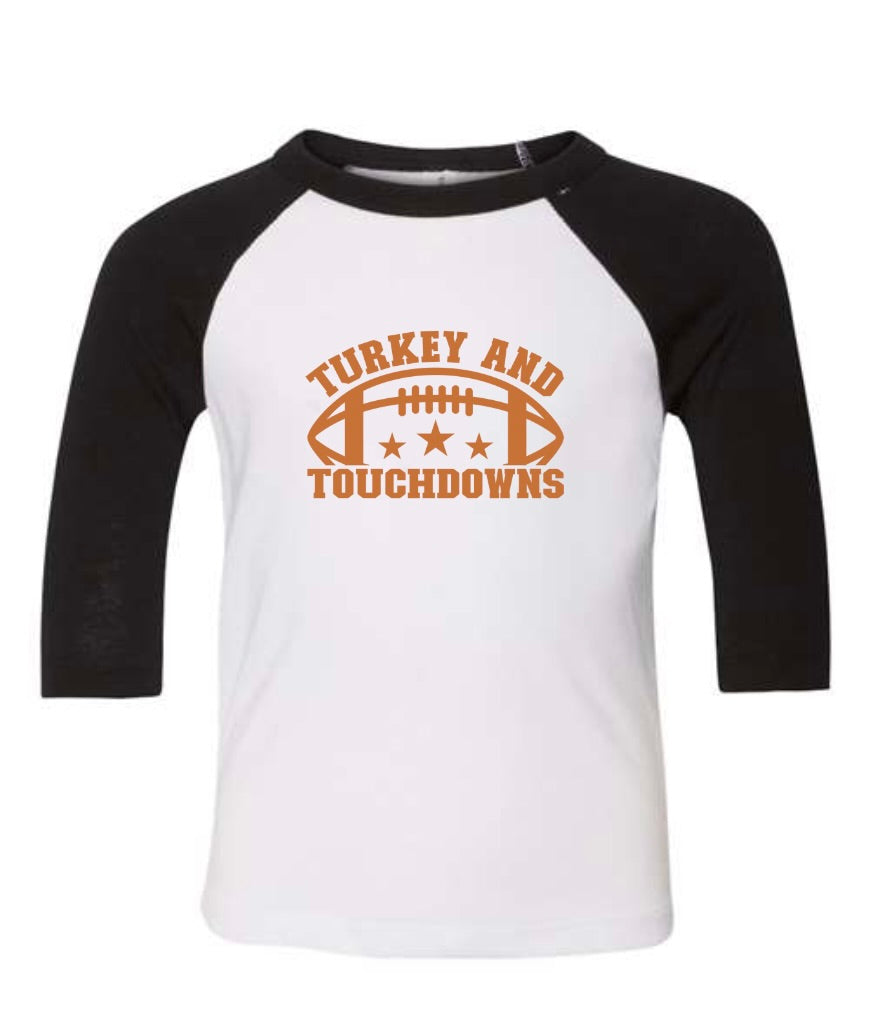 TODDLER Turkey and Touchdowns Three-Quarter Sleeve Baseball Tee